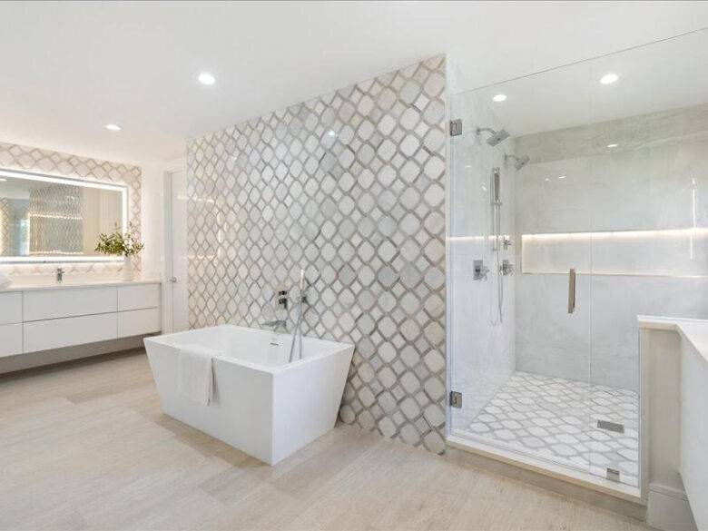 Modern bathroom design featuring a freestanding tub, glass-enclosed shower, and stylish patterned tile wall, showcasing enhanced aesthetics and functionality for a rejuvenating space.